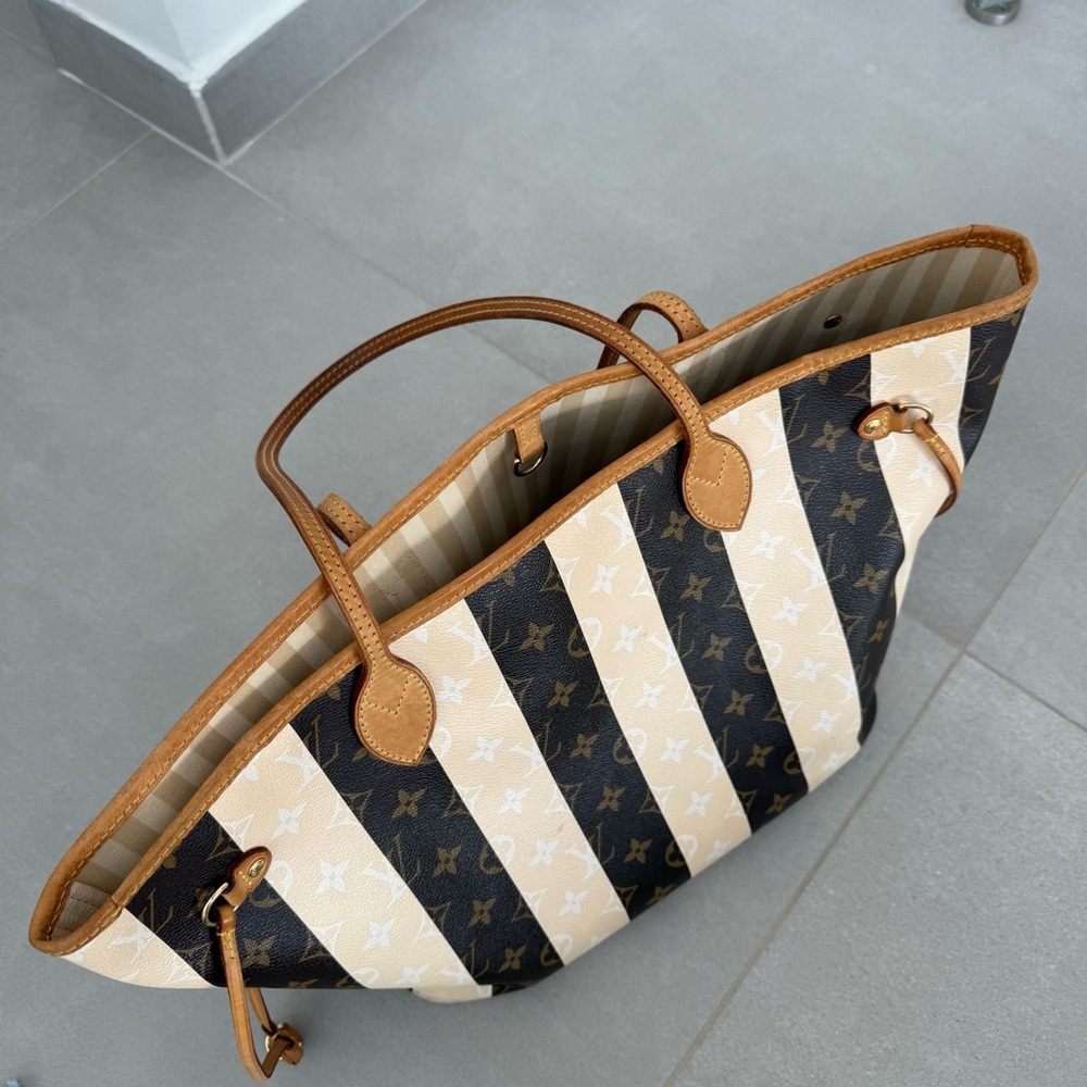 Louis Vuitton Rayures Neverfull MM Monogram Stripe Tote Bag Purse Brown Ivory - Picture 8 of 16
